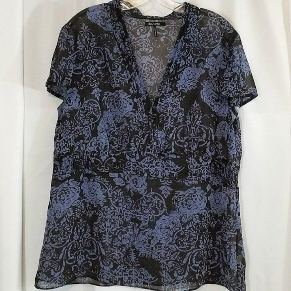 Daisy Fuentes Sheer Blouse Blue Floral Print Pleating Smocking Details Size 1X